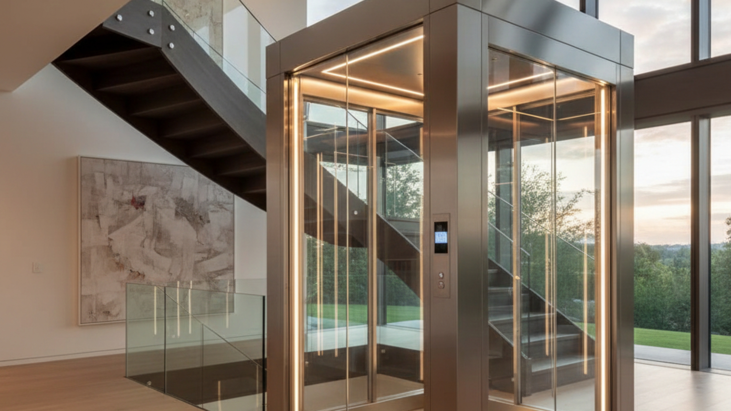 Modern residential elevator installed in a high-end villa, Umm Al Quwain, offering smooth and quiet vertical transport.