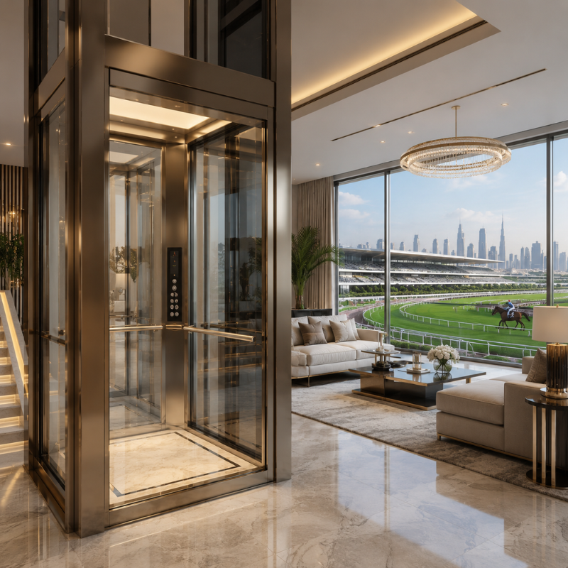 Luxury residential elevator installed in a premium villa featuring modern home lifts in Meydan City overlooking elegant racecourse surroundings
