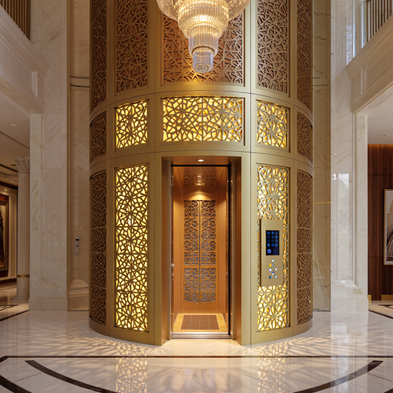 Decorative mashrabiya elevator design showcasing elegant home lifts in Al Khalidiyah for luxury villa interiors.