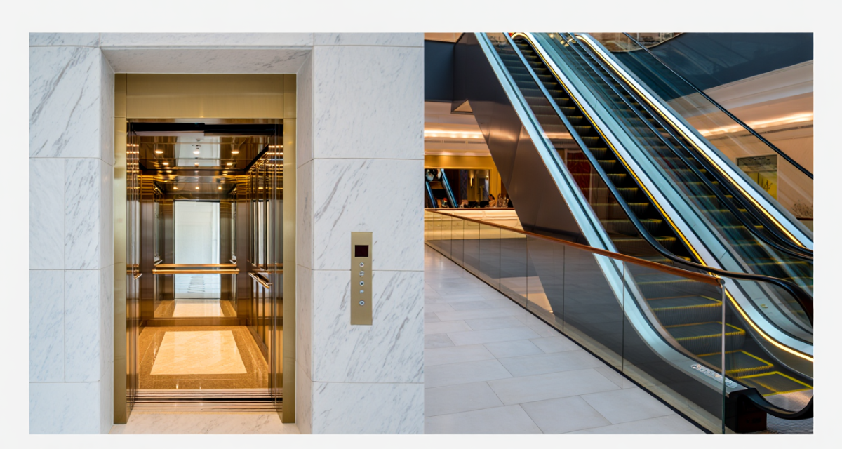 Elevator and escalator in a UAE commercial building showing the Difference Between Elevator and Escalator in UAE.