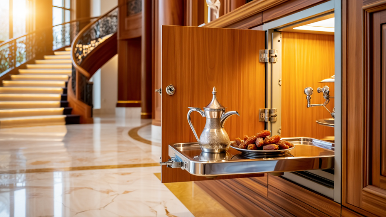 Modern dumbwaiter lift installed in a UAE restaurant and luxury villa, providing efficient vertical transportation of food, groceries, and household items between floors.