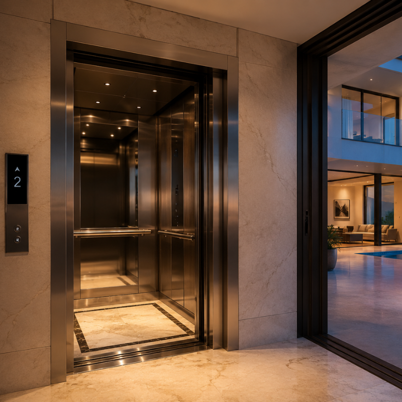 Luxury villa interior featuring modern home lifts in Al Khalidiyah with elegant stainless steel elevator design, marble flooring, and panoramic sunset views for premium residential living.