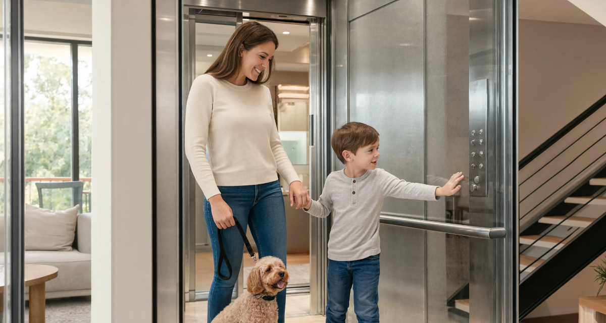 Residential elevator safety tips for families using a modern home elevator with child-friendly safety features
