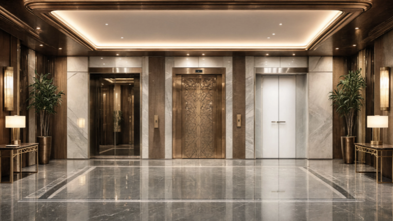 Modern commercial elevators for hotels in UAE designed with luxury interiors, smart controls, and seamless vertical transportation for hospitality buildings.