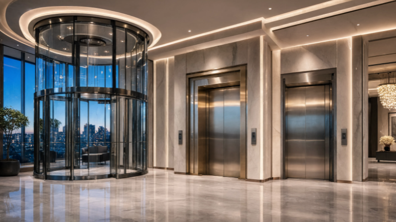 Different types of passenger elevators for hotels featuring modern cabins, luxury finishes, and smart mobility solutions in UAE hospitality buildings.